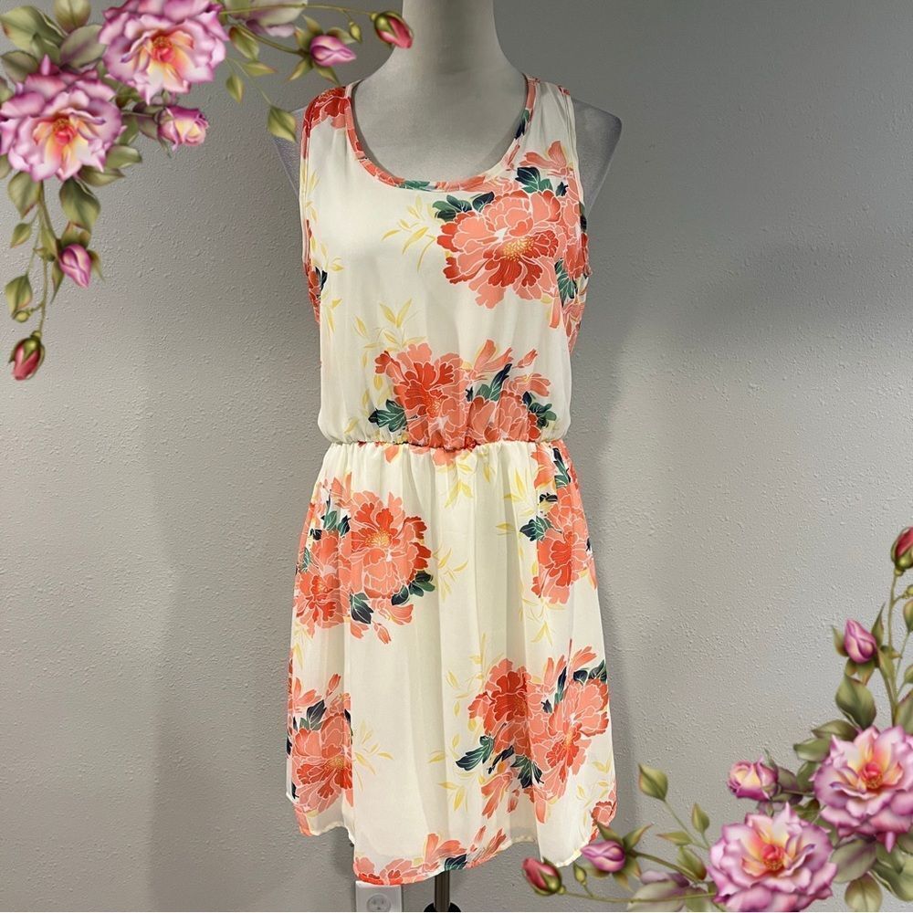 Charming Charlie Cream Mini Dress with Coral Floral Print
